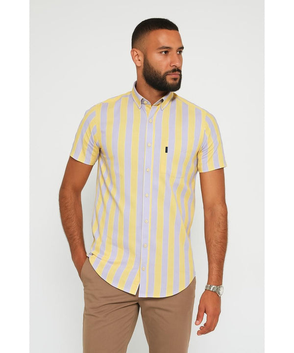 Chemise manches courtes à rayures jaune / violet  - col boutonné